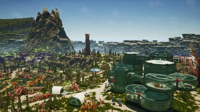 A multi-level green and glass modular base with corridors and pod shelters