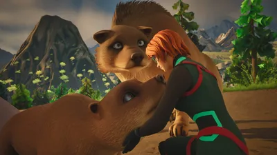 An explorer petting one of two large furry creatures in a mountain valley